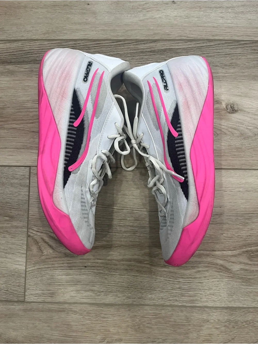 Puma AllPro Basketball Shoes White Sneakers with Pink Accents and Black Logo